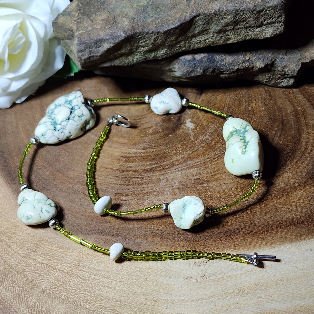 Vintage Beaded Necklace With Lime Green Glass Beads and Chunky Howlite Stones